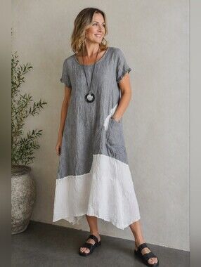 Luukaa Designer Linen Blend Lagenlook Dress Grey White Pocket Dress Size 3 US12
